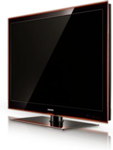 Samsung LE40A856 fladskærms-TV i sort, set forfra, med rød kant, placeret på en metalstøtte