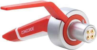 Cápsula DJ Ortofon Concorde MKII DIGITAL roja y plateada, vista lateral, conector de 4 pines, punta de lectura esférica