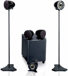 Sort Davis Acoustics Delta 2 højttalerkabinet med to runde højttalere og en diskant, på metalstativ