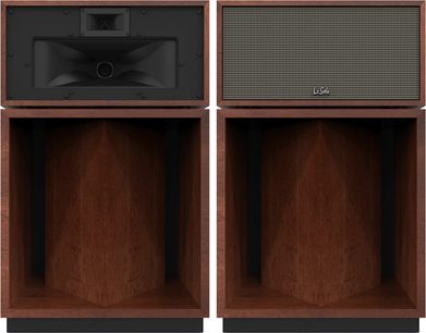 Reproduktory Klipsch LaScala AL6 Auburn s přední stranou v dřevěném provedení auburn, s výškovým reproduktorem, středovým reproduktorem a černou mřížkou