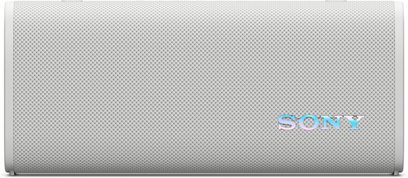Draagbare bluetooth-speaker Sony ULT Field 3 wit, vooraanzicht, cilindervormige behuizing met wit geweven stoffen rooster en iriserend Sony-logo rechtsonder