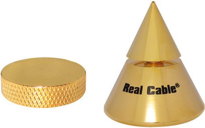 „Real Cable C550 AG" auksintas atsiejimo kūgis ir auksintas apskritas pagrindas, rodomas iš priekio ir šono, ant balto fono