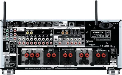 Onkyo TX-RZ1100 sort hjemmebiografsforstærker, set forfra, mange lyd- og videostik på bagsiden, to Wi-Fi-antenner