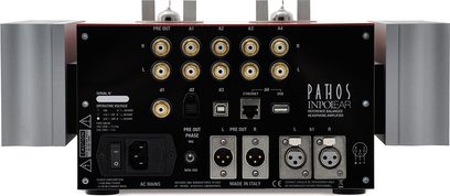 Hovedtelefon-forstærker Pathos InPol EAR mat sort, frontvisning, 10 forgyldte knapper, 6 jackstik, 2 XLR-stik, kontakter og LED'er