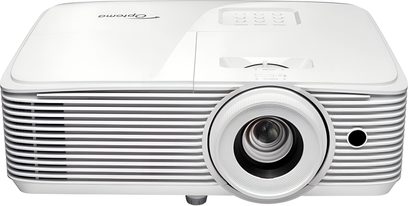 Optoma HD30LV videoprojektor i hvid plast, set forfra, bred linse, frontgitter, knapper på toppen