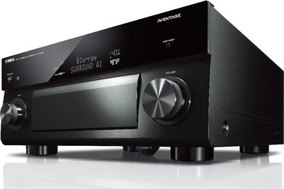 Ampli home-cinéma Yamaha RX-A2080 noir, vue de face, affichage bleu "Blu-ray Surround A1", boutons et molettes argentés