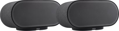 Set aus zwei vernetzten Denon Home 600 Lautsprechern in Anthrazit, Vorderansicht mit abgerundeten schwarzen Gittern