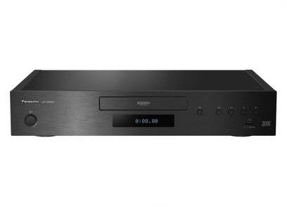 Panasonic DP-UB9000 4K Blu-ray-afspiller i sort, set forfra med børstet front, centralt display og USB-port