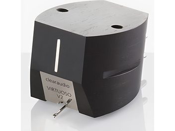 Cellule platine vinyles ClearAudio Virtuoso V2 noire, vue de 3/4 arrière, boîtier bois foncé, 2 trous ronds sur le dessus