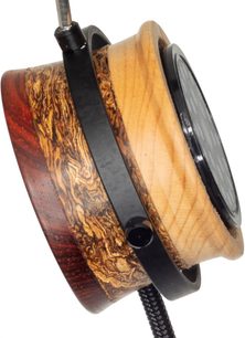 Grado RS1x open-back hi-fi headphones, side view, wooden housing with distinct patterns, black headband, black braided cable