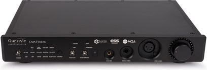 Schwarzer Hi-Fi-Kopfhörervorverstärker Questyle CMA Fifteen, Frontansicht mit Klinken- und XLR-Buchsen, Schaltern und großem Lautstärkeregler
