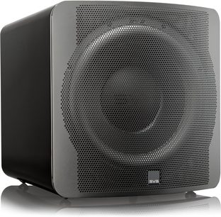SVS SB-3000 subwoofer i sort ask, front, sort perforeret gitter, sølvfarvet logo nederst til højre