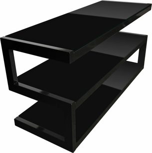 Norstone Esse Mini sort TV-møbel med 2 sorte hærdede glashylder på sort metalramme, set fra 3/4 vinkel