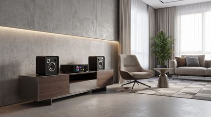 Schwarze Hi-Fi-Anlage mit zwei Lautsprechern und Farbdisplay auf einem niedrigen braunen Möbelstück in einem modernen Wohnzimmer
