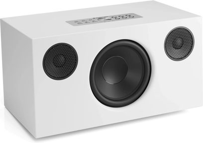Coluna inteligente Audio Pro C10 MKII W branca, com altifalante central preto, duas grelhas redondas e controlos na parte superior