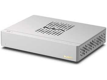 Алуминиева матрица за аудио разпределение Switch-splitter Matrix Audio SS-1 в матово сребристо, преден десен тричетвъртичен изглед отгоре, вентилиран с кръгли отвори в зигзагообразен мотив, перфориран страничен панел, преден ляв LED индикатор и златист лого MA на десния фасаден панел