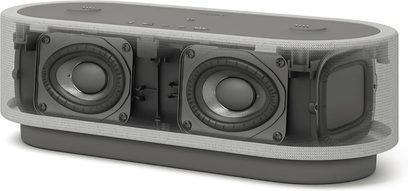 Trådløs tilsluttet højttaler Sony HT-AX7, set fra en vinkel, oval form, gennemsigtigt gitter, to synlige højttalere