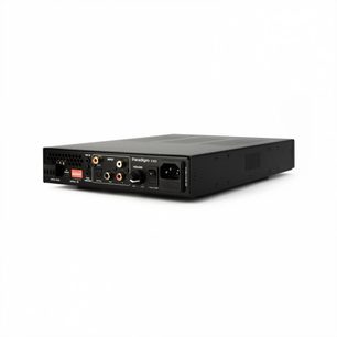Ενισχυτής ισχύος υψηλής πιστότητας Paradigm X-500, πίσω όψη υπό γωνία, μαύρο ορθογώνιο περίβλημα, ποικίλες συνδέσεις