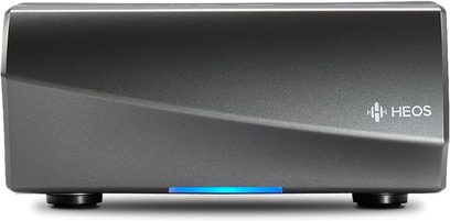 HEOS Link HS2 sort netværksaudioafspiller, frontvisning, rektangulær form, mat front med HEOS-logo og blå indikatorlampe