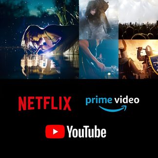 Moters portretas prie vandens, gitara, riteriai metalinėmis šarvomis, Netflix, Prime Video ir YouTube logotipai juodame fone