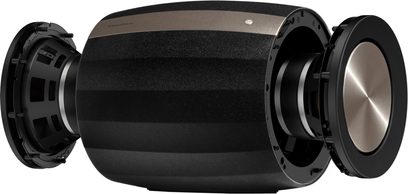Bowers & Wilkins Formation Bass sort subwoofer, set forfra og fra siden, cylindrisk form, to sidehøjtalere