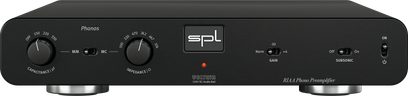 SPL Phonos juodas foninis stiprintuvas su priekiniu skydeliu, turinčiu 2 sukamus mygtukus, 3 jungiklius, 1 šviečiantį indikatorių ir 1 centrinį logotipą