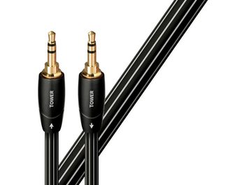 Dva pozlacené Jack konektory a dvoumetrový černý kabel Audioquest Tower, pohled zepředu na bílém pozadí