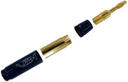 Două conectoare banană aurii și un conector furcă negru din metal, marca Van den Hul