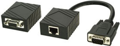 To sorte Lindy VGA Extender-bokse og et sort VGA-kabel, set forfra på hvid baggrund