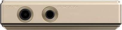 Audiophile FiiO M21 titanium portable player in titanium alloy champagne color, top view of the edge showing two circular audio ports