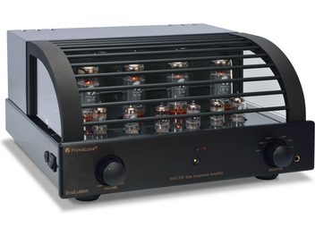 Amplificator hi-fi cu tuburi PrimaLuna Evo 300 integrat negru, vedere frontală, 12 tuburi în partea superioară, față neagră cu butoane și selector