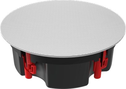 Decken-Einbaulautsprecher Klipsch PIC-525-T-SC BW, Perspektivansicht, weiße perforierte runde Abdeckung, schwarzes Gehäuse, rote Befestigungen