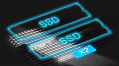 Netværkslydafspiller EverSolo DMP-A10, set ovenfra, 2 SSD-pladser fremhævet i blåt, tekst "X2" nederst