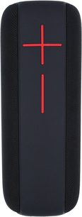 Bluetooth-højttaler Yourban GETONE 48 BLACK, set forfra, cylindrisk form, sort overflade, røde knapper i kryds