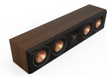 Coluna central Klipsch RP-404C II em nogueira, formato retangular, madeira escura, 4 alto-falantes circulares pretos e cobre