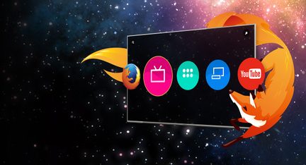 Ícones coloridos de navegador web, TV, YouTube e redes sociais flutuando em frente a uma tela de notebook no espaço