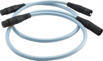 Analogový audio kabel Oehlbach Series 2 XLR 1m světle modrý, nylonový opletený plášť, matné černé XLR konektory samec a samice, mírně shora pohled