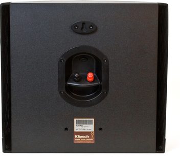 Klipsch RS-52 MkII højttaler, set forfra, mat sort kabinet, rund sort højttaler, rød diskant, sølvfarvet logo