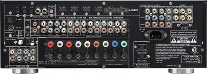 Marantz SR6004 hjemmebiograf-forstærker, frontpanel, frontvisning, mange stik og knapper, digitalt display, sort farve