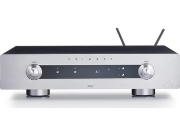 Primare PR35 Prisma silver stereo preamplifier, front view, 2 rotary knobs, digital display, 2 Wi-Fi antennas