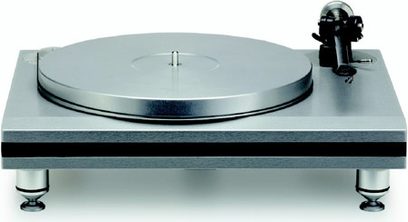 Hi-fi pladespiller Thorens TD 850 med TP300 tonearm, lysegråt chassis, sort pladetallerken, rent og moderne design