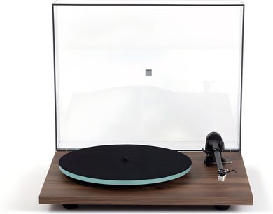Giradischi Rega Planar 2 Nd3 noce, vista frontale, piatto nero, braccio di lettura nero, coperchio trasparente