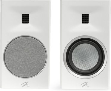 Witte glanzende Motion B10 boekenplankluidspreker met twee rechthoekige eenheden, zwarte tweeters en ronde woofers, één met een grijze grill.