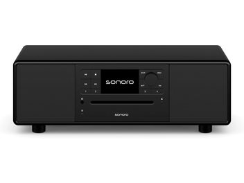 Sistem audio hi-fi all-in-one Sonoro Prestige negru-negru cu fațadă dreptunghiulară, ecran central și difuzoare duble