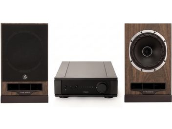 Pair of dark wood Fyne Audio bookshelf speakers with compact black Rega amplifier in the center