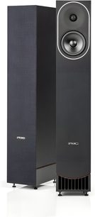Colunas PMC Prophecy5 pretas, uma com grelha de tecido, outra com altifalante exposto e base com aletas