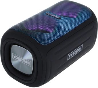 Bluetooth-højttaler Yourban Getone 35 sort, set i perspektiv, øvre gitter med farverige mønstre, logo synligt på siden
