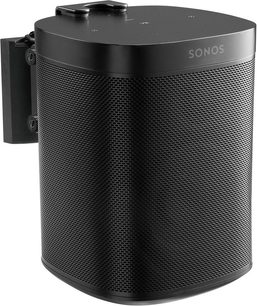Czarna, cylindryczna, połączona głośnik Sonos One, z metalową kratką na większej części, z czarną plastikową podstawą i górą