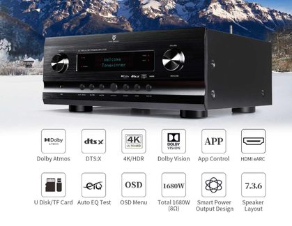 Hjemmebiograf-forstærker Tonewinner AT-300 sort med front i børstet aluminium og centralskærm Dolby Atmos DTS:X 4K HDR