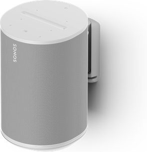 Biały ścienny uchwyt Flexson do głośnika Sonos Era 100, widok z przodu pokazujący metalową kratkę i zaokrąglony kształt
